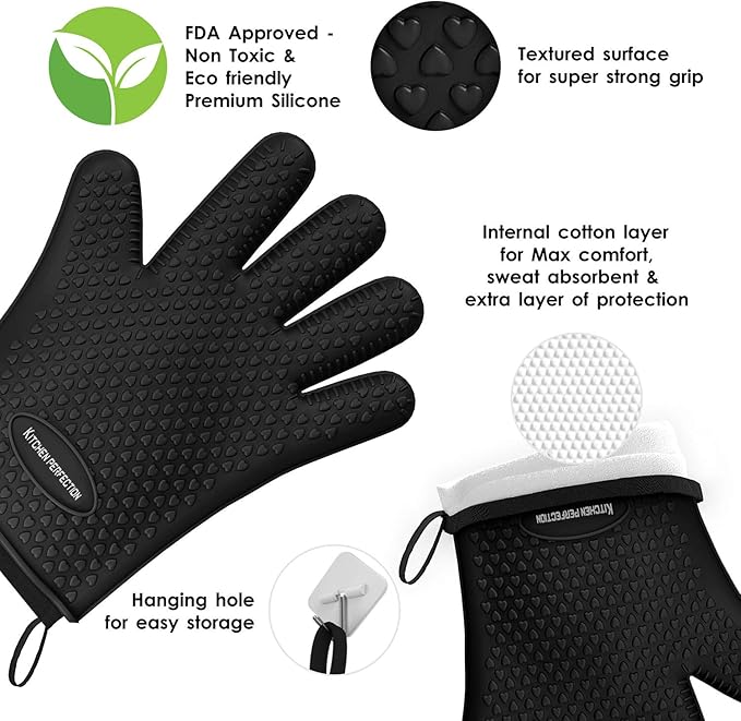 KITCHEN PERFECTION XL Silicone Smoker Oven Gloves -Extreme Heat Resistant BBQ Gloves -Handle Hot Food Right on Your Grill Fryer & Pit | Waterproof Oven Mitts Grill Gloves |Superior Value Set+3 Bonuses