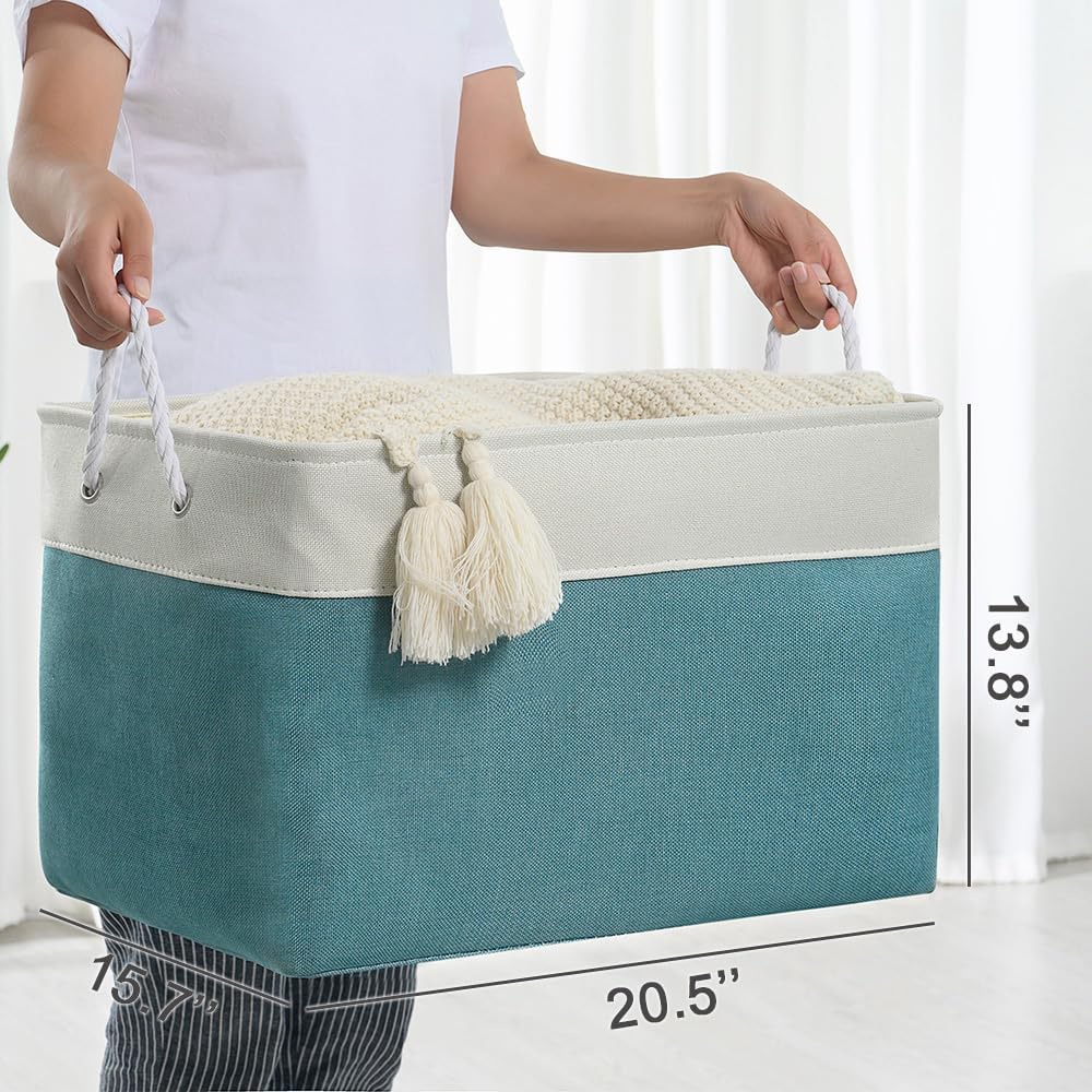 TheWarmHome Storage Bin for Shelves - Extra Jumbo 3 Pack 20.5L×15.7W×13.8H Storage Basket for Organizing, Fabrin Storage cubes with Drawstring Cover for Living Room Bedroom Decor Closet（White & Green