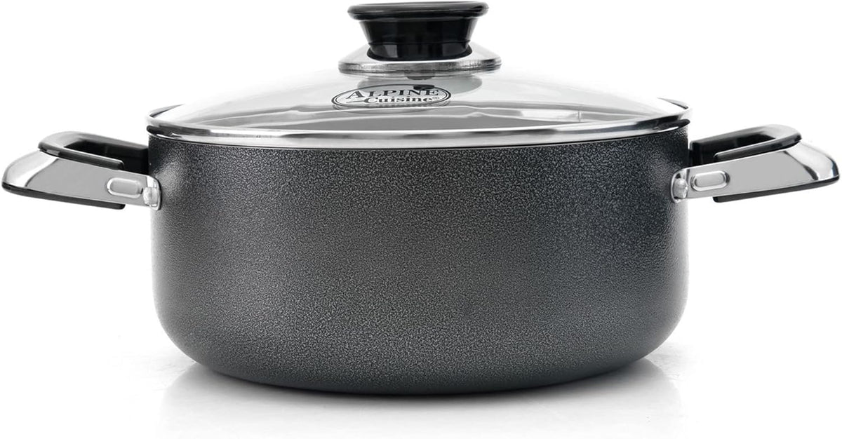 Alpine Cuisine 2.2 Quart Non-stick Stock Pot with Tempered Glass Lid and Carrying Handles, Multi-Purpose Cookware Aluminum Dutch Oven for Braising, Boiling, Stewing