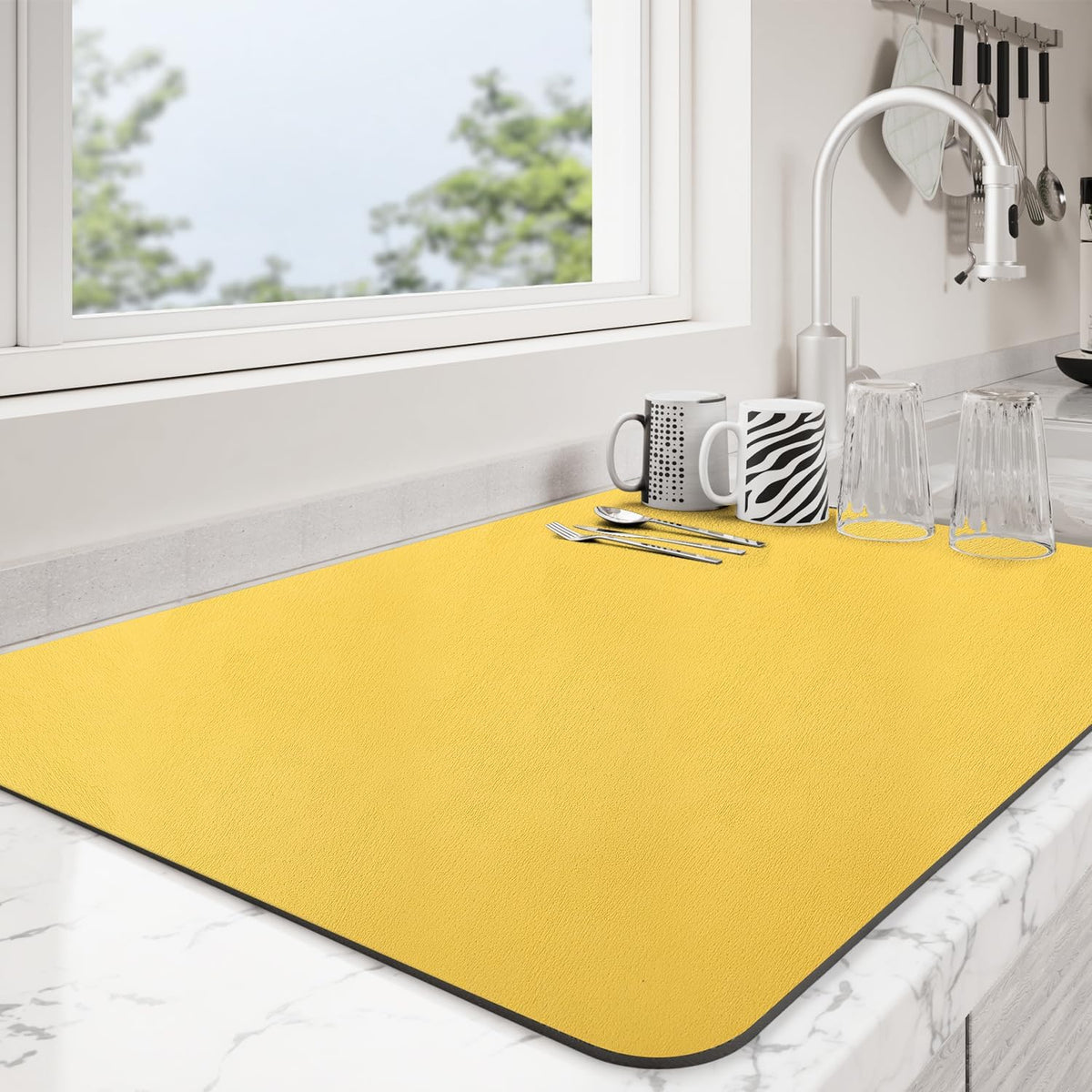Dish Drying Mat for Kitchen Counter | Coffee Bar Mat for Countertops | Heat Resistant Drainer Mat with Non-slip Rubber Backed | Hide Stain Kitchen Absorbent Draining Mat | Yellow 16"x18"