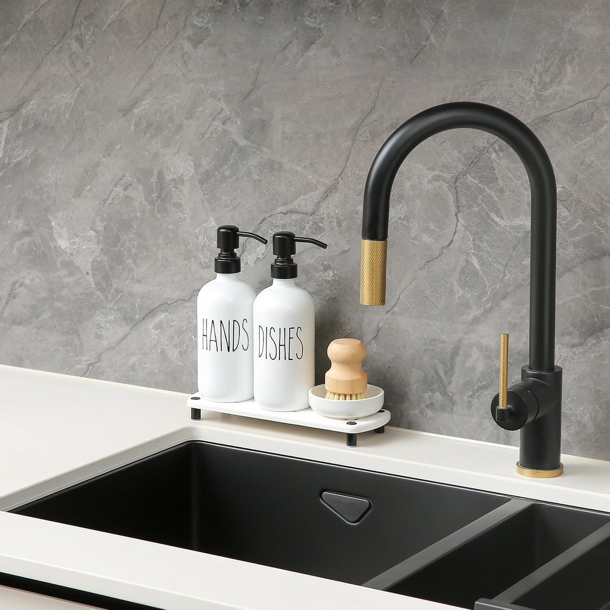 MOMEEMO White Soap Dispenser Set Comes with Stainless Steel Pumps, Instant Dry Tray, and Dish Scrub Brush, Suitable for Kitchen Accessories and Farmhouse Decor. (White)