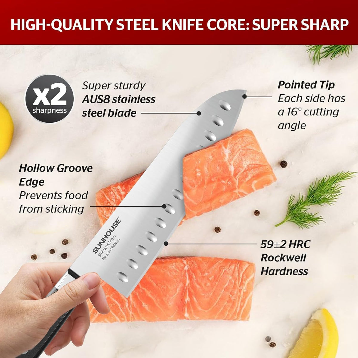 Sunhouse Santoku Knife 7 inch,AUS-8 Stainless Steel – Superior 59HRC Hardness, Full Tang, Ergonomic Handle, Perfect Gifts for Mom or Dad,Premium Gifts