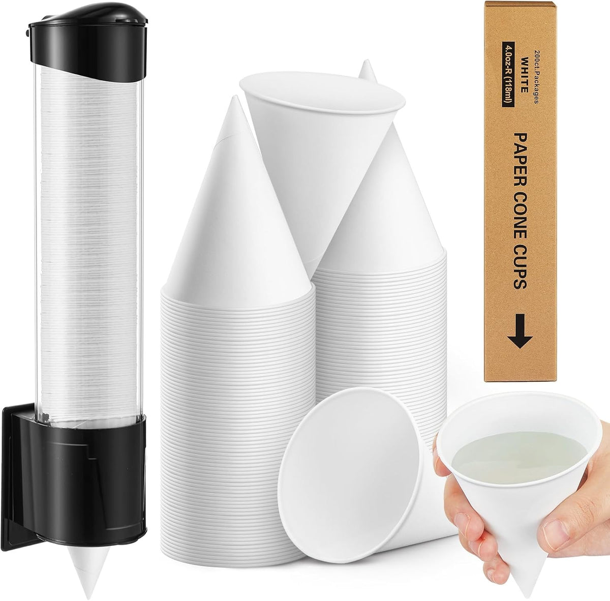 Roshtia 200 Pcs 4 oz Paper Cone Cups Thicken Disposable with 1 Cups Dispenser Pull Type Wall Mount Cup Holder Paper for Restaurants, Home, and Office, and Shaved Ice, Cold (Black)