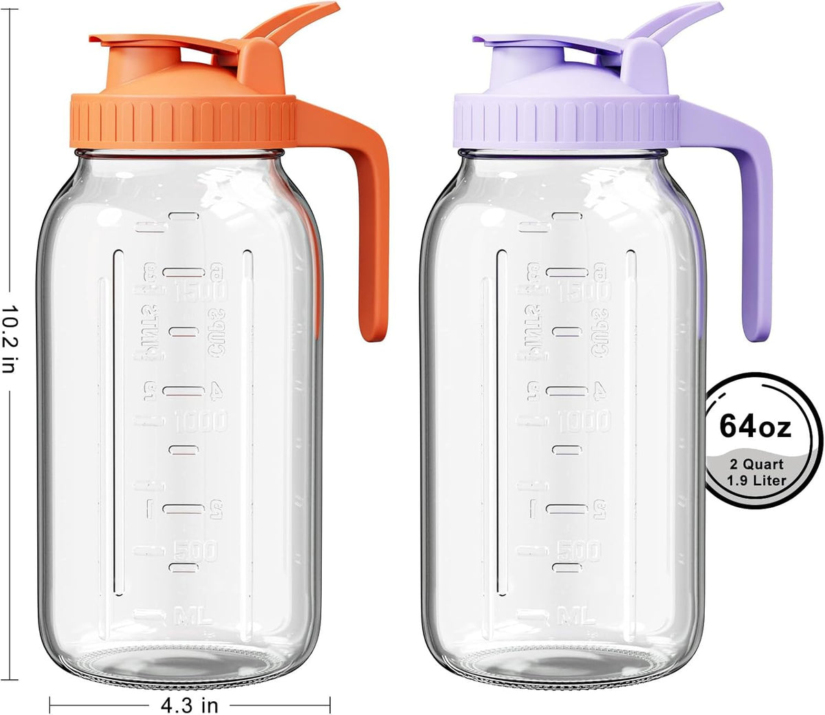 | 2 Pack | 64oz | Glass Mason Jar Pitcher with Lid and Spout, 2 Quart (1.9 Liter) Airtight Glass Water Jug Wide Mouth for Juice, Sun Tea, Iced Coffee, Milk Storage, Purple & Orange