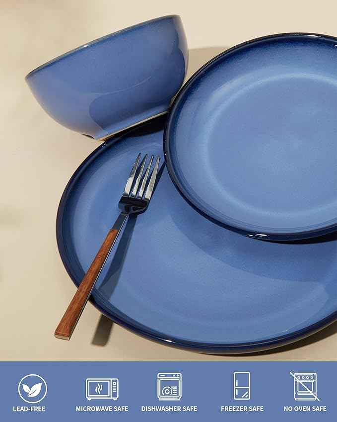 Stoneware Dinnerware Sets, Ceramic Plates and Bowls Set, Microwave & Dishwasher Safe Kitchen Dish Set, Modern Dinner Plates | Salad Plate | Cereal Bowls for 4, Dishware Sets Blue