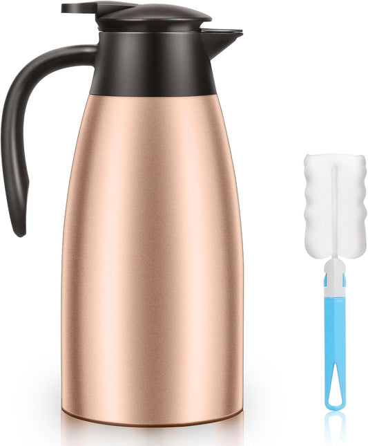 1 PCS 68 OZ Thermal Coffee Carafe, Insulated Stainless Steel Coffee Carafe Double Walled Vacuum Thermal Pot Flask with Brushes Thermos for Keeping Hot Coffee Tea Home and Office (Gold）