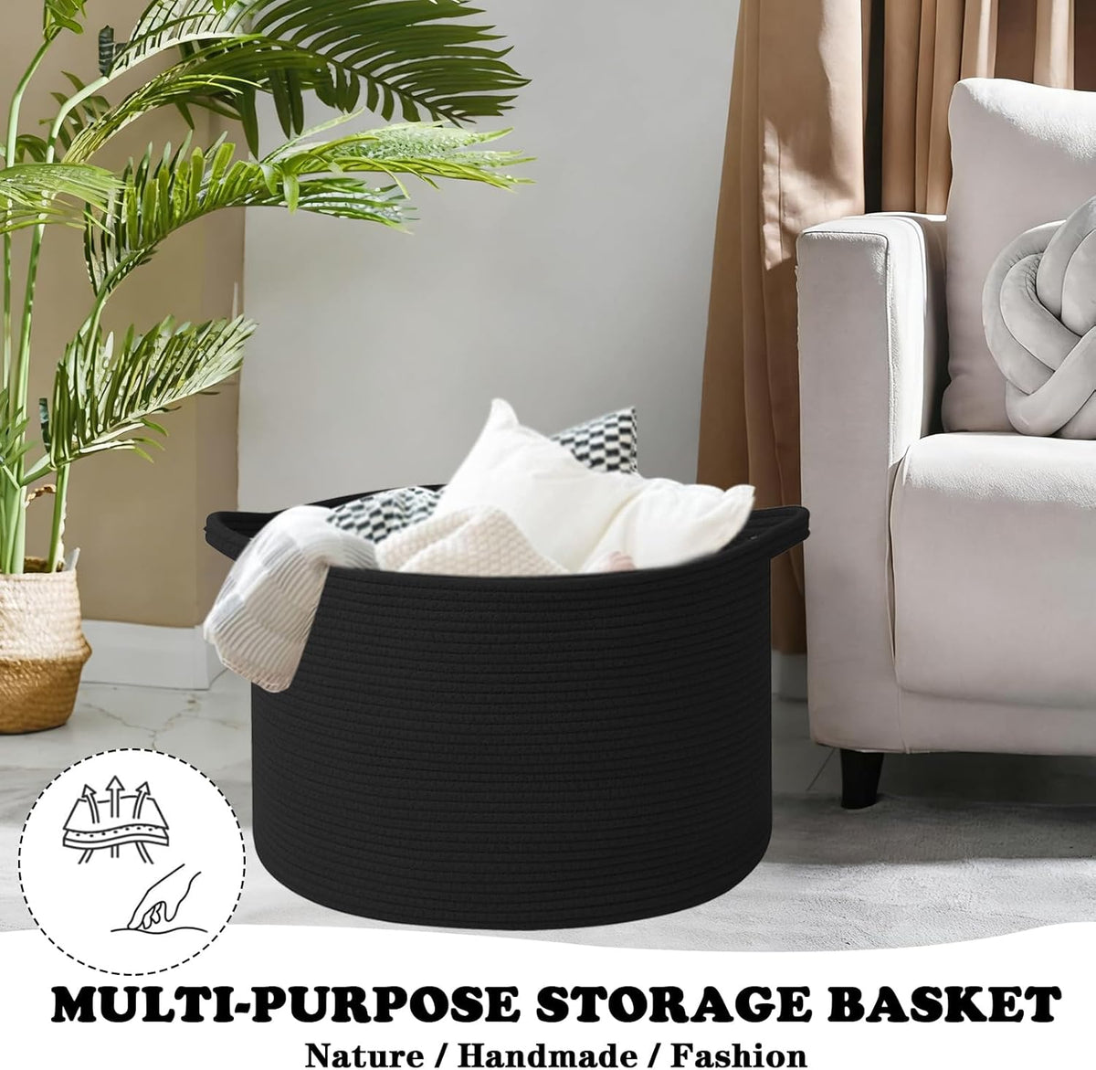 Large Blanket Basket for Organizing,115L Closet Organizers and Storage Bins Box for Shelves Woven Rope Storage Baskets,Living Room,Bedroom,Dorm,Laundry room (Black)
