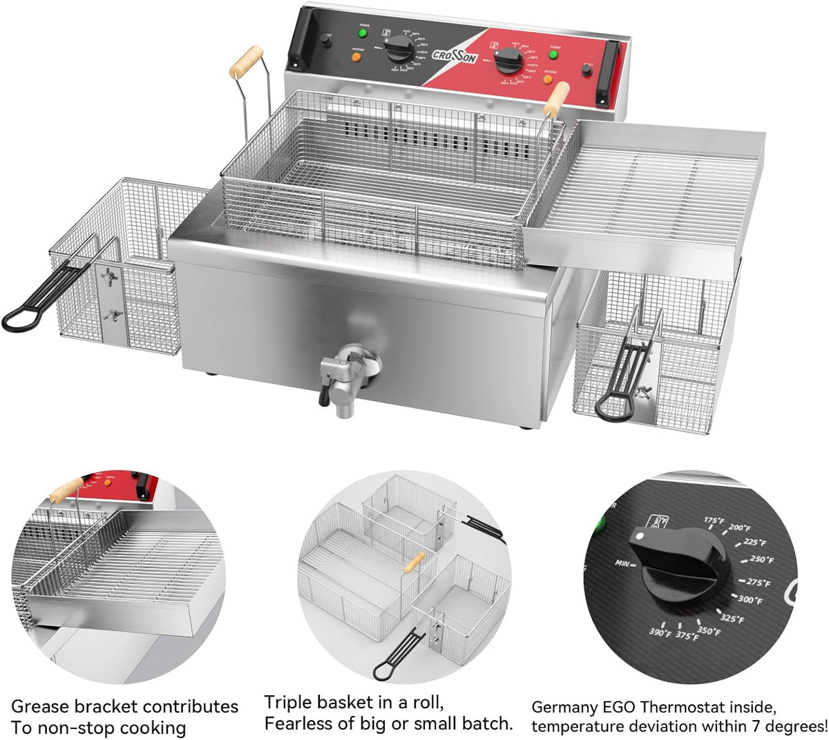 CROSSON 24Lbs Electirc Triple Basket Turkey Fryer With Oil Drain Spout,Oil Drain Rack,Commercial Countertop Donut Deep Fryer To Fry a Whole Fish or Turkey