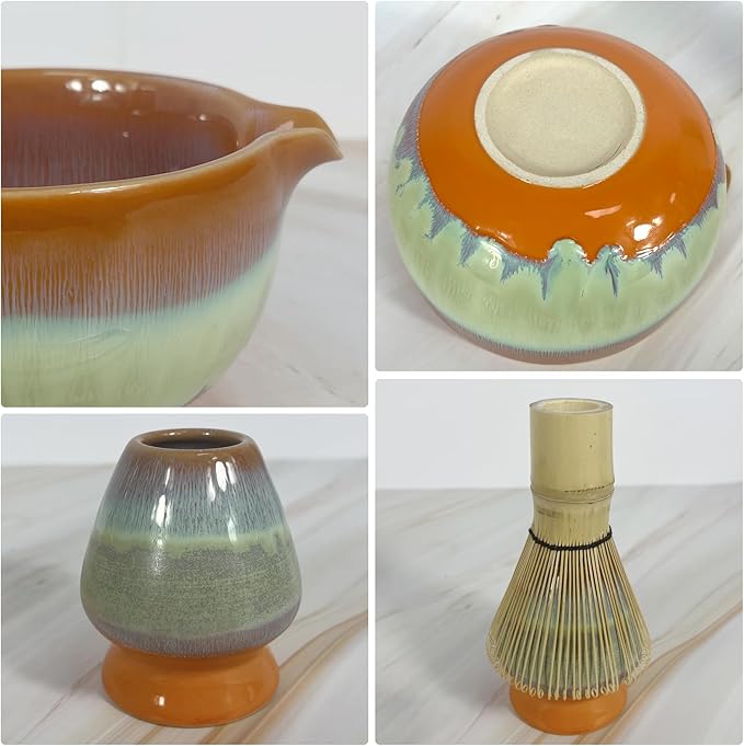 Matcha Whisk Set 6 pc Kit - Traditional Japanese Chasen, Bamboo Whisk Holder, Ceramic Bowl with Spout, Sifter & 2 pc Spoons - matcha kit set, Gift for Matcha Tea Lovers (Gradient Orange)