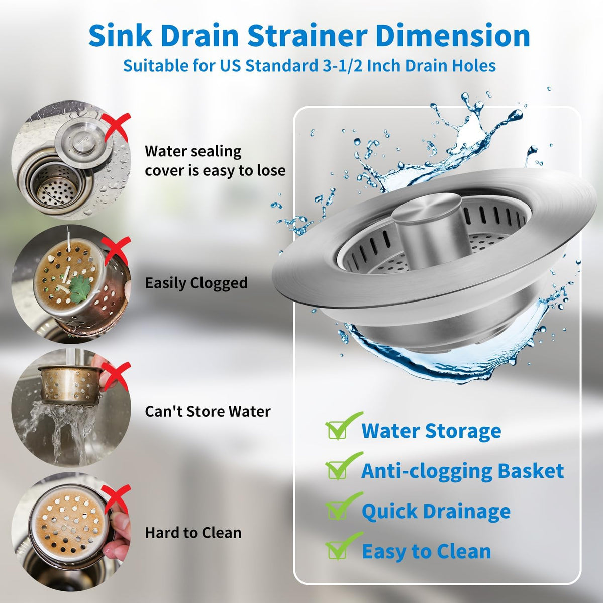 3 in 1 Kitchen Sink Drain Strainer, Upgraded Stainless Steel Sink Stopper Anti-Clogging Pop Up Sink Strainer with Basket Strainer for US Standard 3-1/2" Drain (Silver-2Pcs)