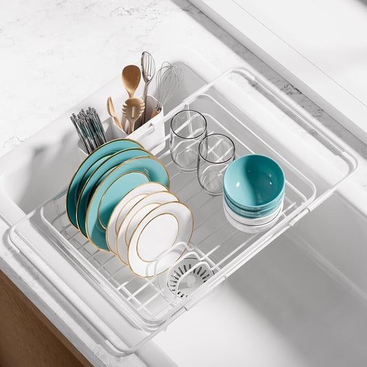 Over Sink Dish Drying Rack with Drain Board, Stainless Steel 2 in 1 Sink Organization and Storage, Dish Drainer for Kitchen Counter, Home and Apartment Essentials, 12" W x 16.1~23" L, White
