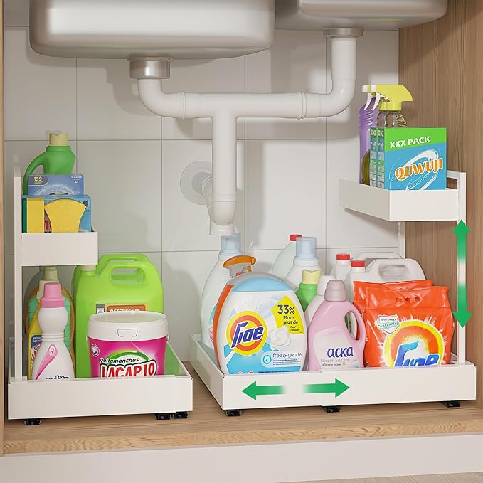 REALINN Under Sink Organizer Pull Out, L-Shaped 2 Tier Cabinet Organizer with Adjustable Width & 6-Level Height, Metal Under Sink Storage for Kitchen Sink, Bathroom Vanity, Laundry Cabinet, White