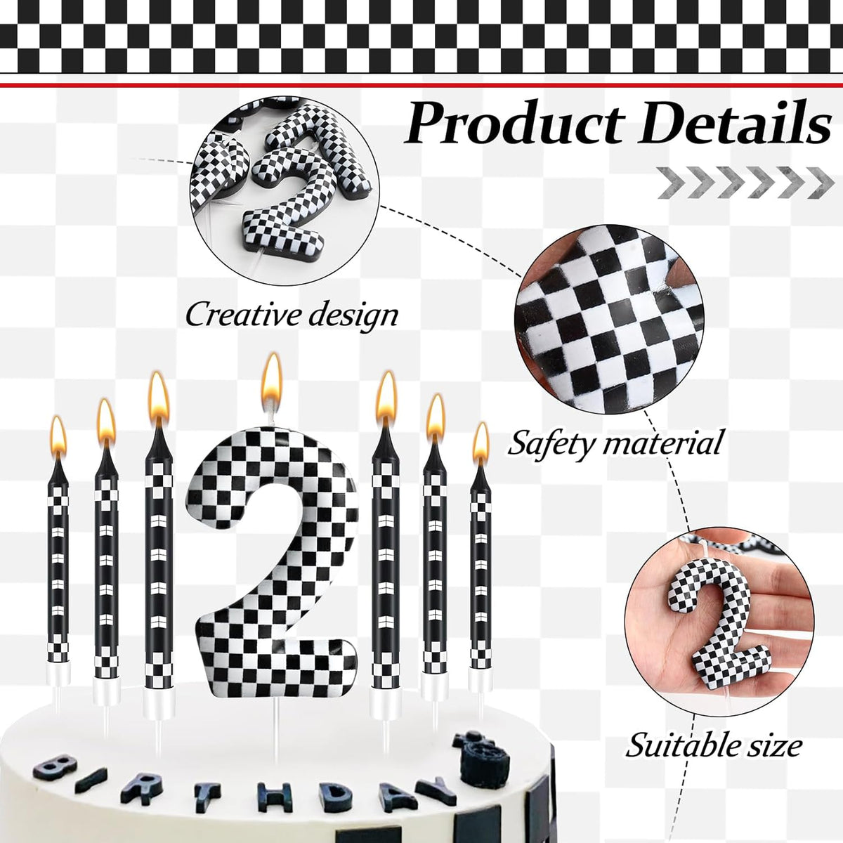 13 Pcs Racing Cars Themed Birthday Candles Black and White Race Number 2 Checkered Candle Cake Topper for Racing Car Party Decoration Supplies (Number 2)