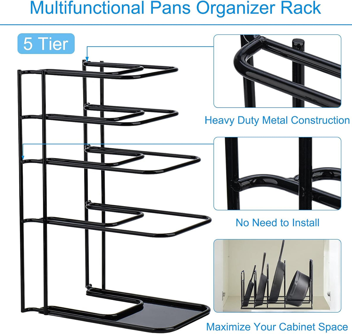 Toplife Heavy Duty Pan Organizer, 5 Tier Pot and Pan Organizer Rack for Cast Iron Skillets, Griddles and Pots - Sturdy Steel Construction- No Assembly Required - Black
