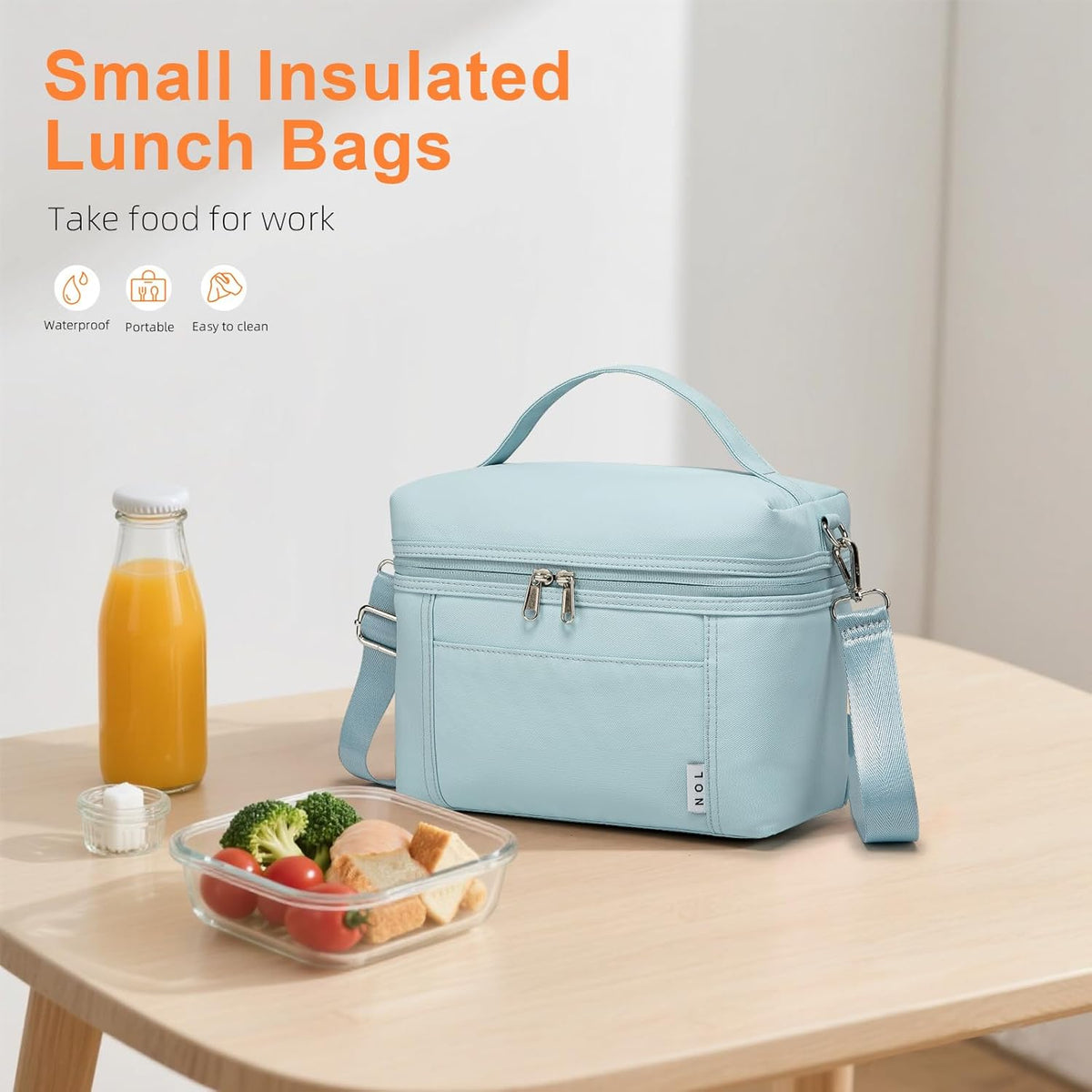 NOL Natural Organic Lifestyle Insulated Lunch Bags for Women Cooler Bag Lightweight Nylon Waterproof Lunch Box For Work (Small, Light blue)