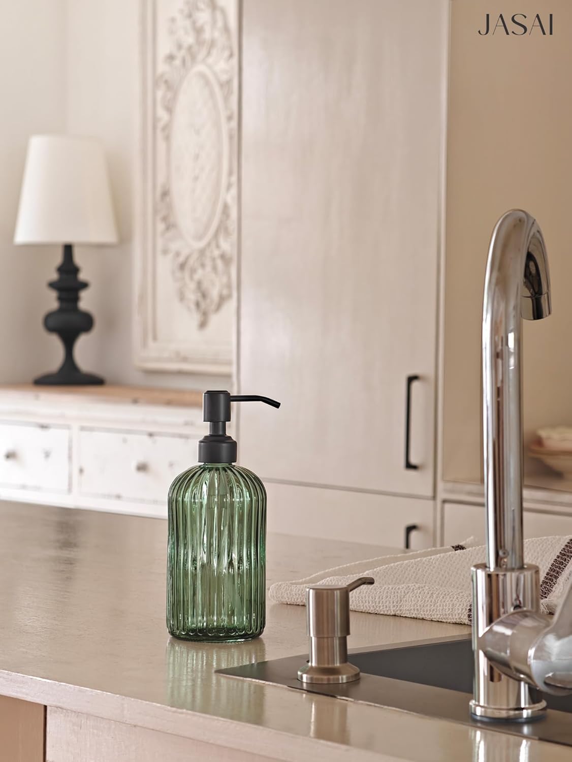 JASAI 18Oz Green Glass Soap Dispenser with Black Rust Proof Pump, Refillable Bathroom soap Dispenser with Thick Glass, Soap Dispenser Bathroom for Kitchen Dish soap, Hand Soap, Lotion, Body Wash.