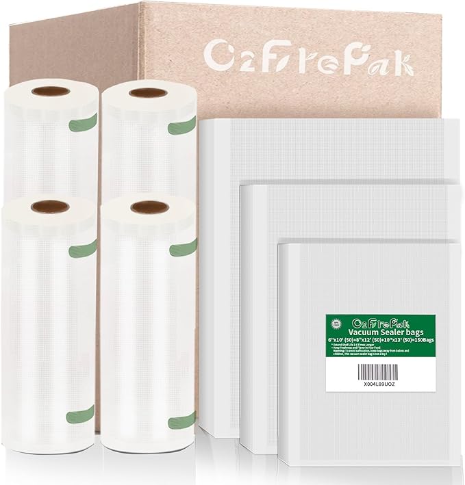 O2frepak Multi-Size 50x 6''x10'',50x 8''x12'',50 X10'' X13''and 2 Rolls11''x20',2 Rolls 8''x20' BPA Free Sous Vide Seal a Meal Commercial Grade Vacuum Seal PreCut Combo Pack Bags Rolls
