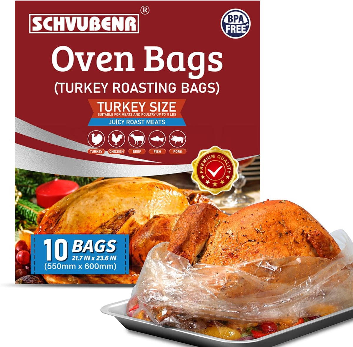 Turkey Oven Bags for Perfect Roasting - 21.7’’ x 23.6’’, 10 Counts, Large Size Turkey Cooking Bags for Oven, Locks in Juices for Flavorful Turkey - Microwave Safe, Thanksgiving, Christmas Essential