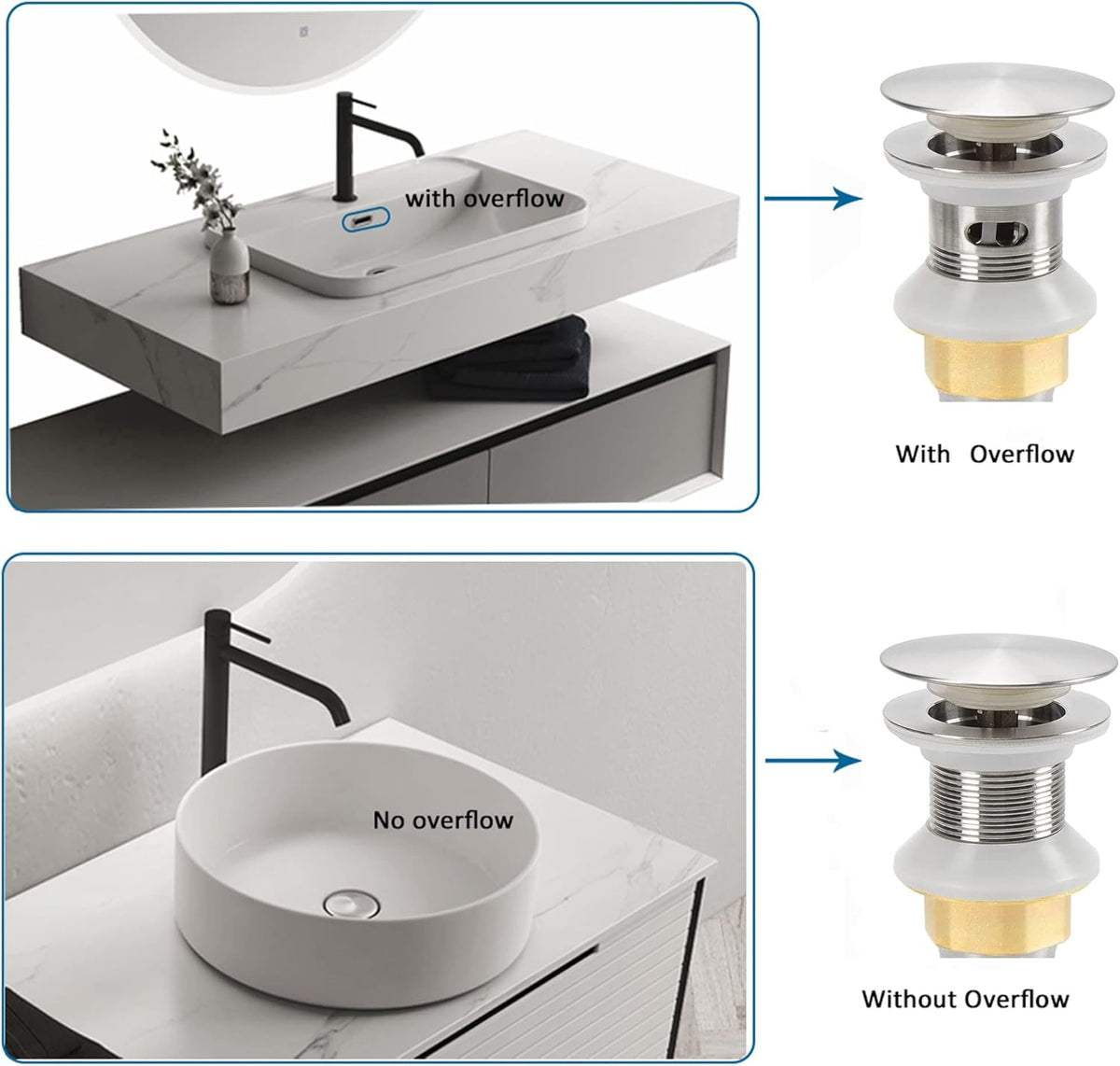 Bathroom Sink Drain,2 Pack Drain Stopper Bathroom Sink Without Overflow,Pop Up Drain Assembly with Detachable Strainer Basket,Built-in Anti-Clogging Strainer,Stainless Steel Brushed Nickel