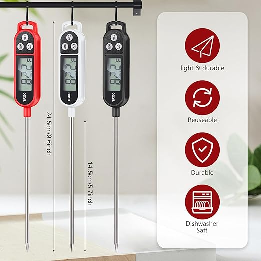 6 Pcs Instant Read Meat Thermometer with Long Probe 9.65 Inch Kitchen Cooking Food Candy Waterproof Digital Thermometer for BBQ Water Milk Yogurt Liquid (Round&Square Ring,Black,White,Red)