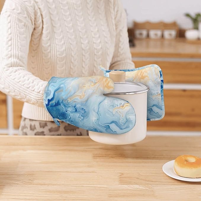 Oven Mitts and Pot Holders Blue Marble Pastel Silicone Kitchen Accessories Set of 4 Heat Resistant Long Gloves Potholder Non-Slip Grip for Chef Cooking Baking Grilling BBQ