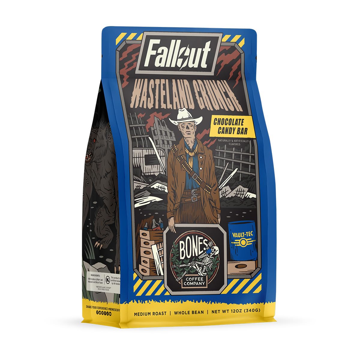 Bones Coffee Company Fallout Wasteland Crunch,Chocolate Candy Bar Flavored Coffee, Medium Roast Low Acid Arabica Beans Compatible with Auto drip and French Press Coffee Maker, 12 Oz Whole Bean