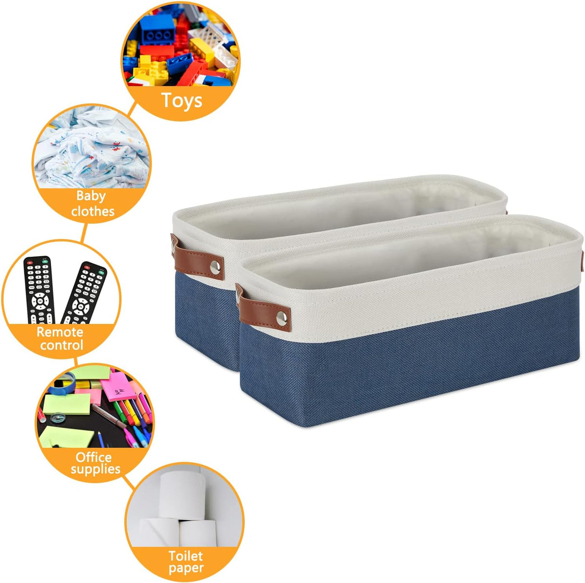 DULLEMELO Toilet Paper Baskets for Storage 15"x6"x5.5" Small Rectangular Baskets for Towels [2 Pack] Collapsible Fabric for Organizing Closet,Shelf,Toys (White&Blue)