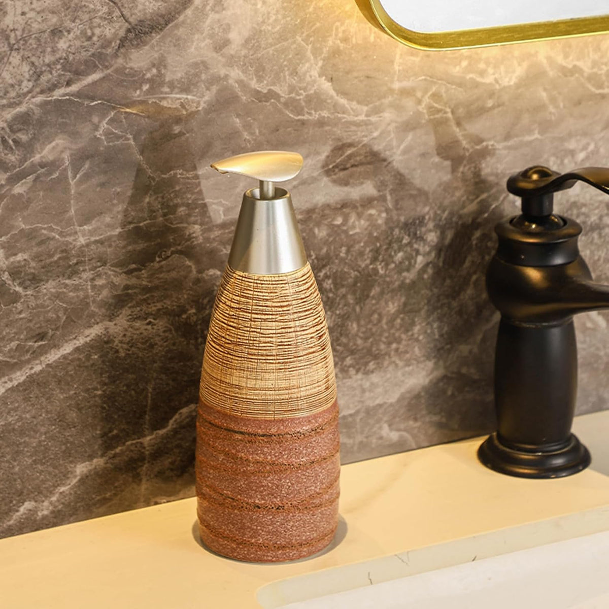 Ceramic Soap Dispenser with Plastic Pump – 12oz Refillable Liquid Dispenser for Bathroom, Kitchen, Office, Hotel, Airbnb, or Vacation Rental (Type G)