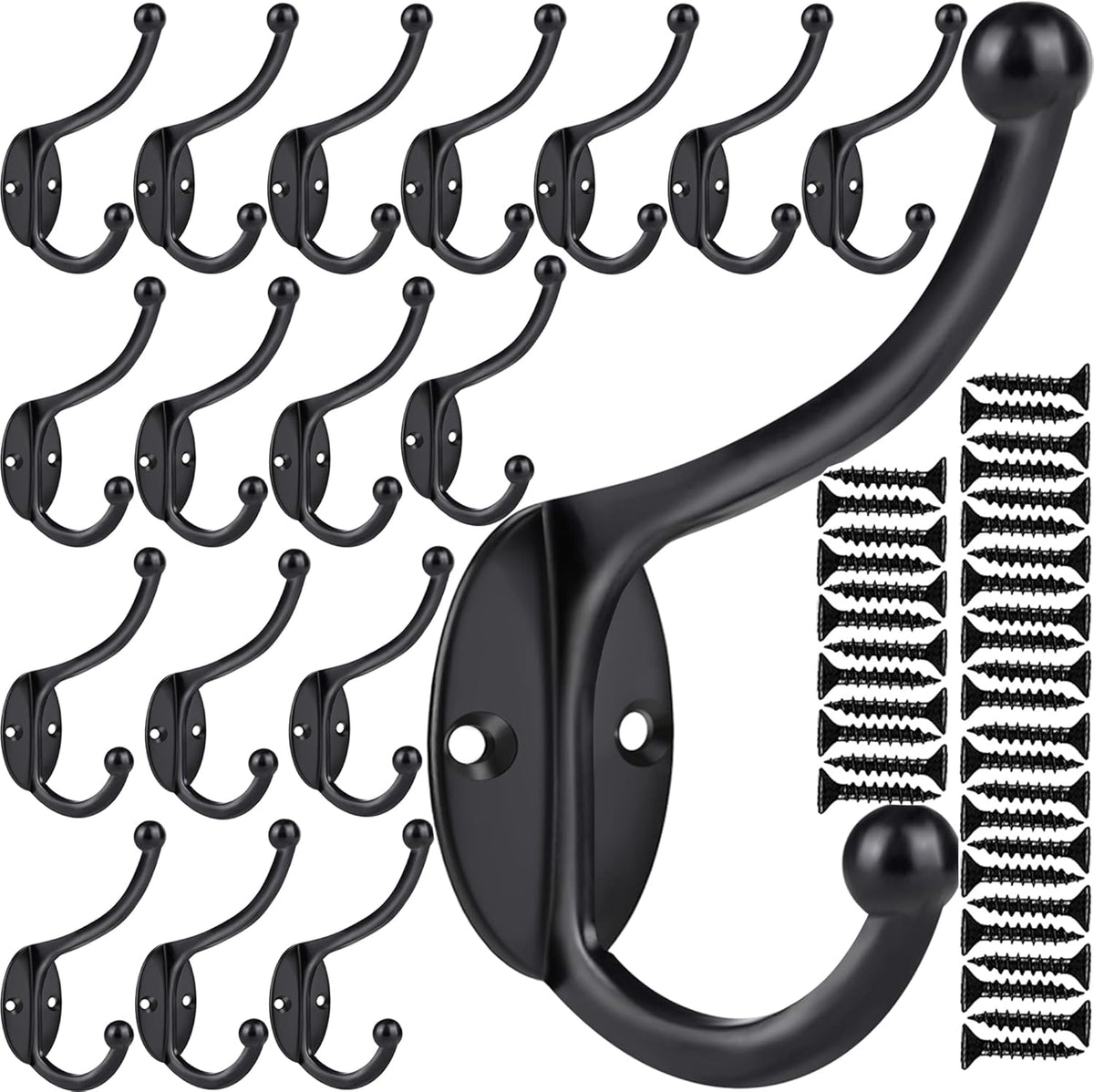 ZEYU 20Pcs Wall Hooks, Coat Hooks Hardware Heavy Duty Hooks for Hanging Coats Double No Rust Black Hook Wall Mounted with Screws for Key, Towel, Bags, Cup, Hat