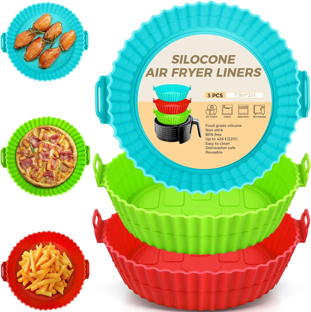 Buauty 3 Pack Air Fryer Silicone Liners 8inch Air Fryer Silicone Pot Reusable Food Grade Silicone Airfryer Liners Baking Basket Accessories Replacement of Flammable Disposable Parchment Paper