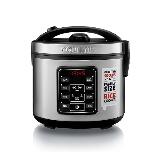 Gourmia Rice Cooker – 5 Qt Capacity, 20 Cup Cooked, 10 Cup Uncooked, Digital Controls, 6 Cooking Presets, Grain Cooker & Steamer, Nonstick Pot, Steam Tray, Delay Timer, Keep Warm, Stainless Steel