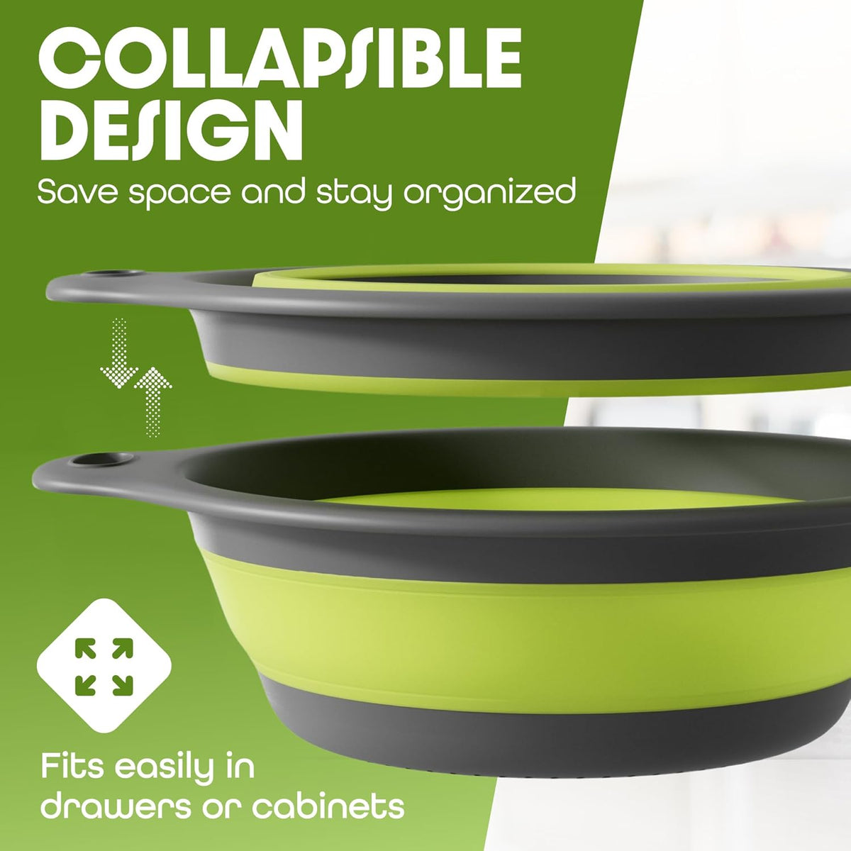 Large Collapsible Colander with Self Draining Base - 5Qt Side Drain Food Strainer for Edge of Kitchen Sink, Green (2 Piece Set)