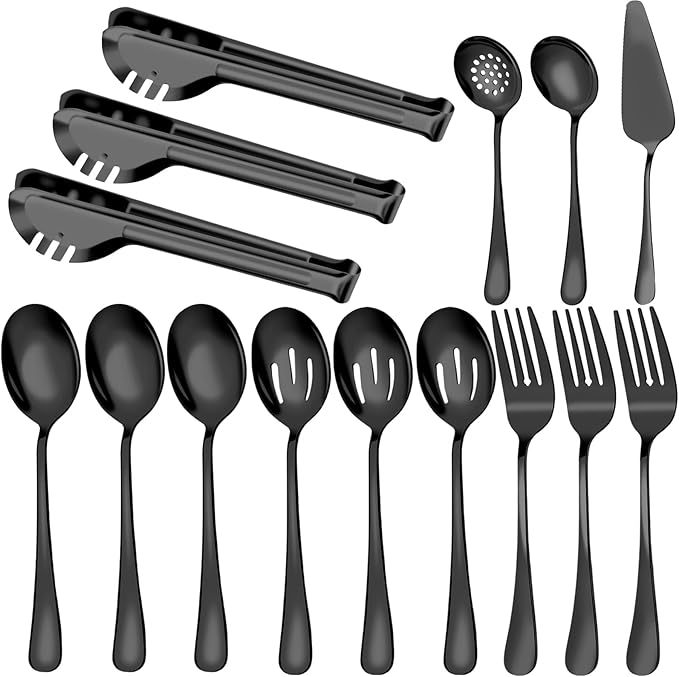 Serving Utensils, 15 Pcs Stainless Steel Large Flatware Serving Tools Kit, Included Spoons, Forks, Tongs, Slotted Spoon, Ladle, Cake Server for Kitchen Catering Banquet Wedding Buffet Party, Black