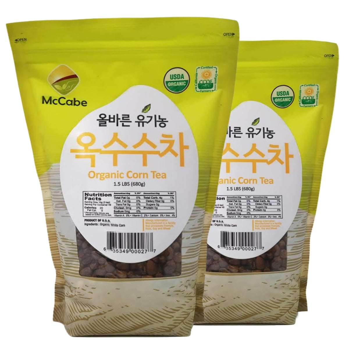 McCabe Organic Roasted Corn Tea | USDA & CCOF Certified | Non-GMO Whole White Corn | Roasted & Packed in USA | 1.5 lbs (24 Oz) Pack of 2
