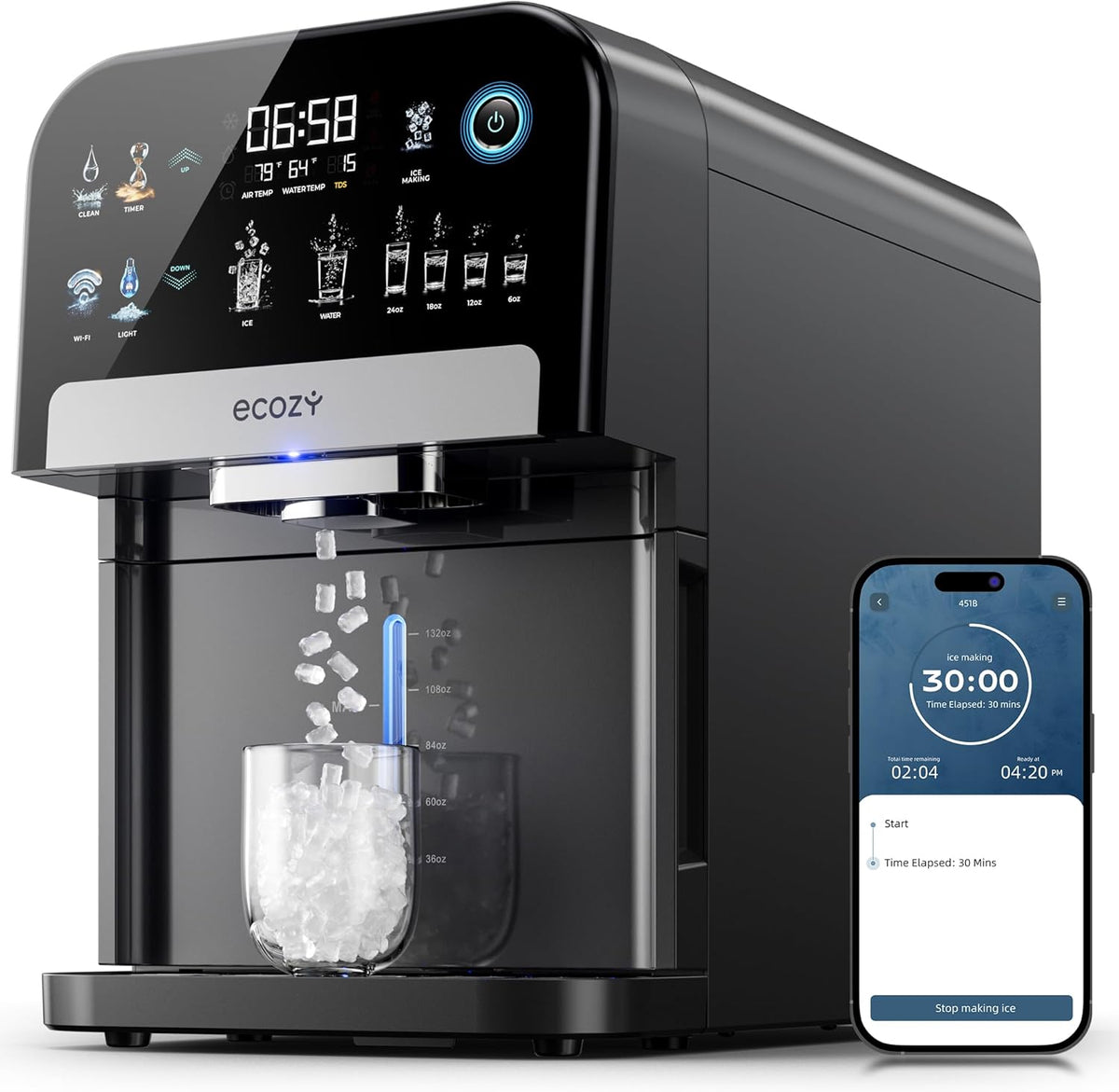 ecozy Nugget Ice Maker Dispenser, Smart 2-in-1 Pebble Ice Machine Countertop & Water Dispenser with App Control, Self-Cleaning, Auto Lighting, TDS Monitor, Measured Dispensing, 33Lbs/Day