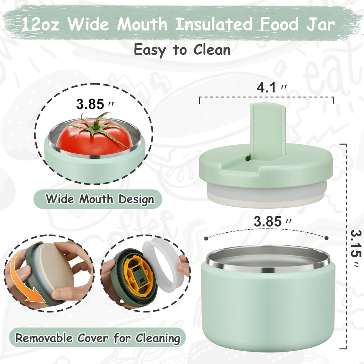12oz Insulated Vacuum Food Jar with Buckle Lid Wide Mouth Soup Thermo for Hot Food Kids Leakproof Stainless Steel Lunch Container (Mint, 12OZ)