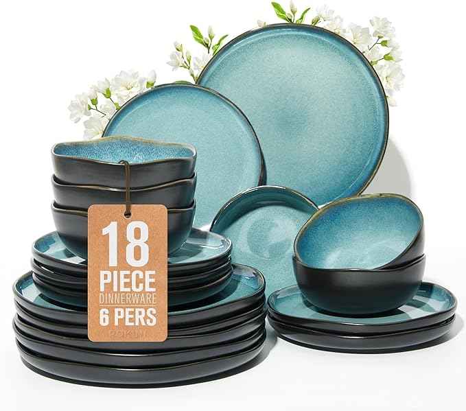 18 Piece Dinnerware Sets for 6, Green Black Reactive Glaze Stoneware | Irregular Artisan Style for Family Dinners, Weekend Gatherings | Scratch‑Resistant, Microwave & Dishwasher Safe