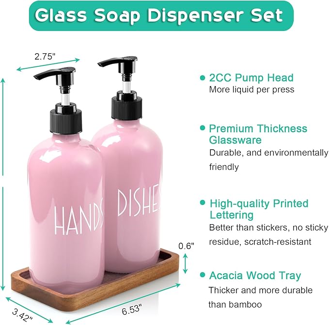 ALELION Dish Soap Dispenser for Kitchen - 16 OZ Glass Hand Soap Dispenser Set with Acacia Wood Tray - Pink Kitchen Bathroom Decor and Accessories
