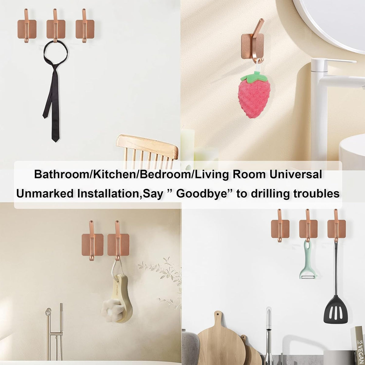 Aluminum Wall Hooks, No Drill Damage-Free Adhesive Hook, Product for Hanging Heavy Duty for Bathroom Kitchen Home (Double Square Rose Gold Hook, 4)