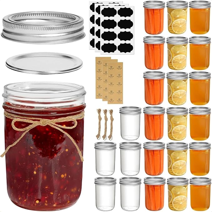 ComSaf Small Mason Jars 8 oz 24Pcs Bulk Set, Half Pint Regular Mouth Mason Jar with Lids and Seal Bands, Glass Canning Jars for Jam, Jelly, Spice, Meal Prep, Shower Wedding Favors, DIY Candles Decor
