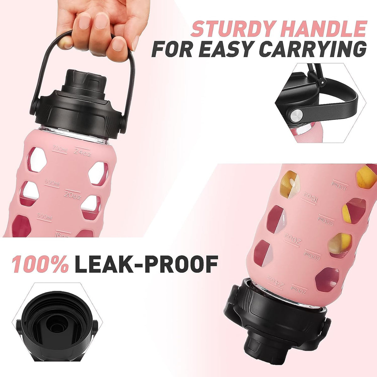 MUKOKO Glass Water Bottles, 24oz Glass Tumbler with Straw, Drinking Bottles with 2 Lids-Handle Spout Lid&Bamboo Straw Lid, Motivational Water Bottle with Time Marker and Silicone Sleeve, 1 Pack-Pink