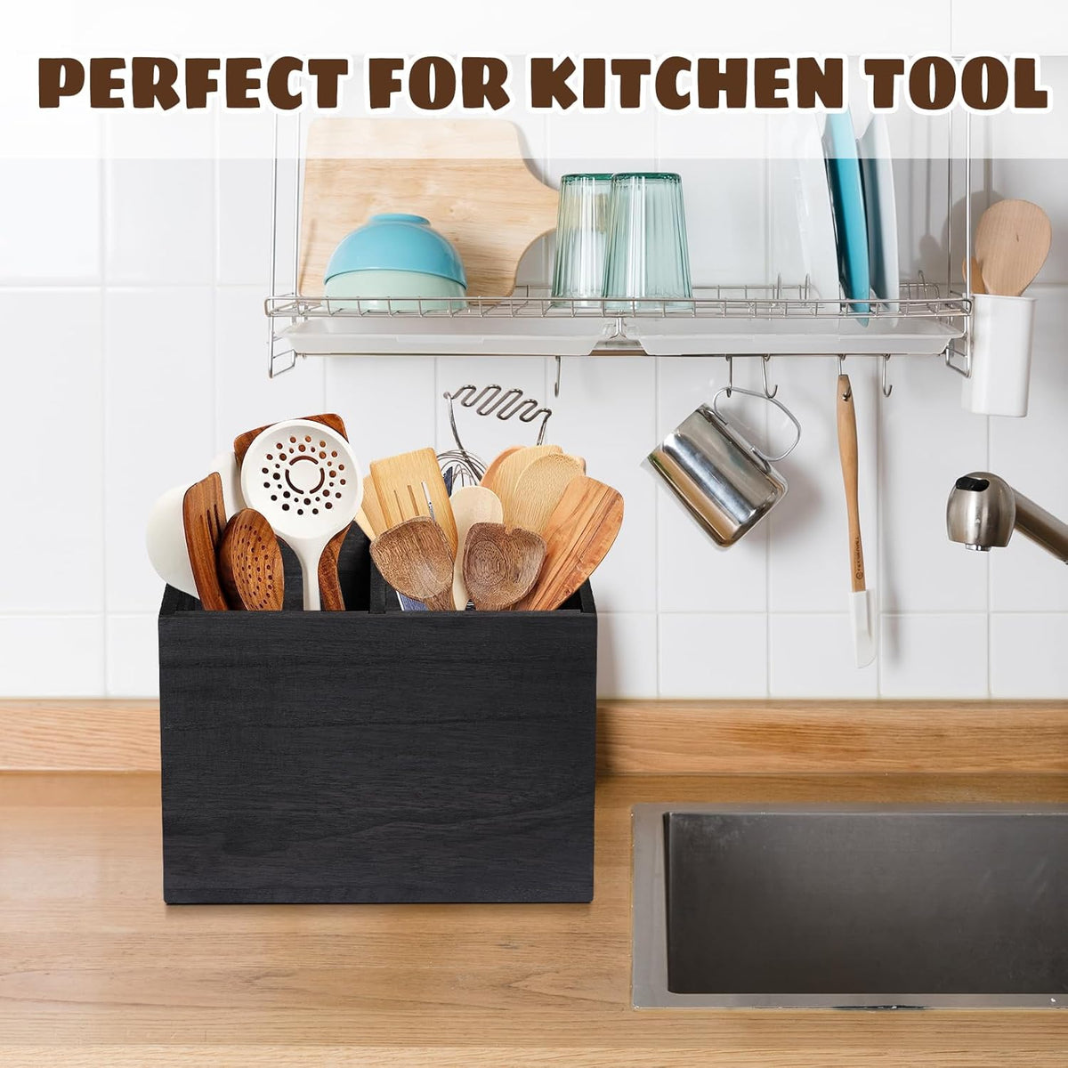 Wooden Kitchen Utensil Caddy With 2 Compartments, Rustic Utensil Holder for Kitchen Countertop, Wood Utensil Crock Organizer Box for Farmhouse Kitchen Decor (black)