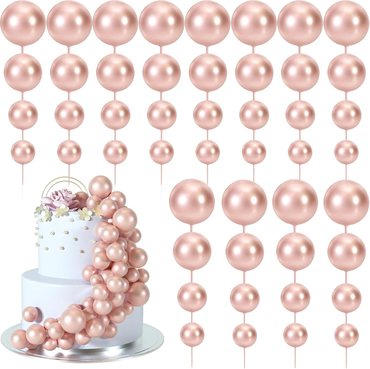48 Pcs Balls Cake Topper Decorations Balloon Cupcake Toppers Foam Cake Topper Balls Cake Balls Decorations for Birthday Party Wedding Anniversary Cake Decorating (Rose Gold)