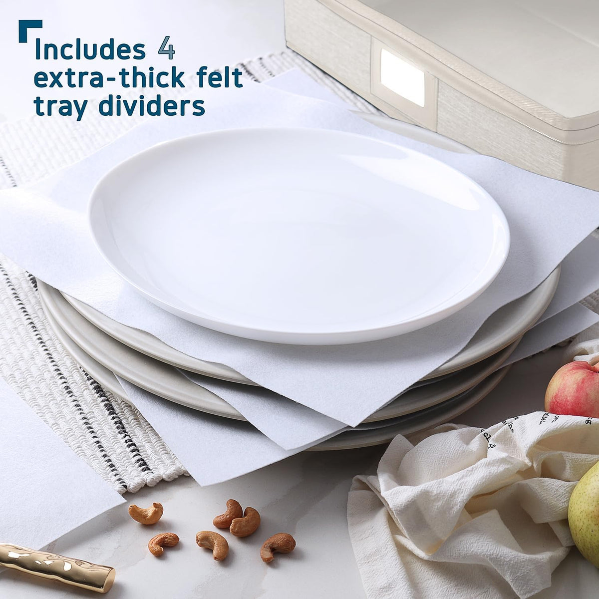 Platter Storage Case – Fine China Storage Containers Hard Shell, Quilted and Stackable 16”x 12.5”x 3.5” Platter Storage Container with Handles and Felt Dividers for Moving and Seasonal Storage, Cream