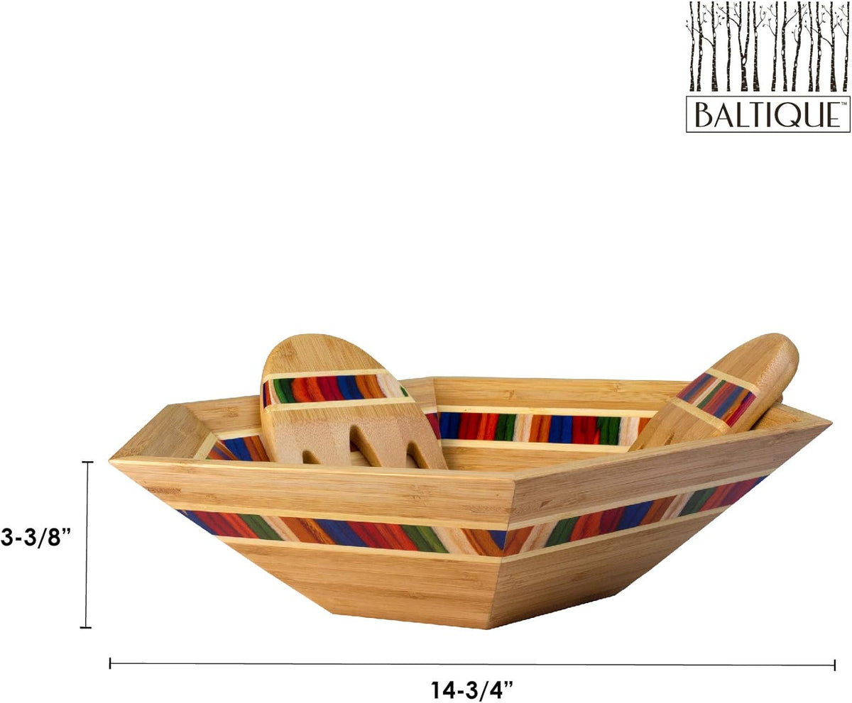 Totally Bamboo Baltique Marrakesh Collection 14" Salad Serving Bowl with Salad Hands, Bamboo and Colored Birch Wood