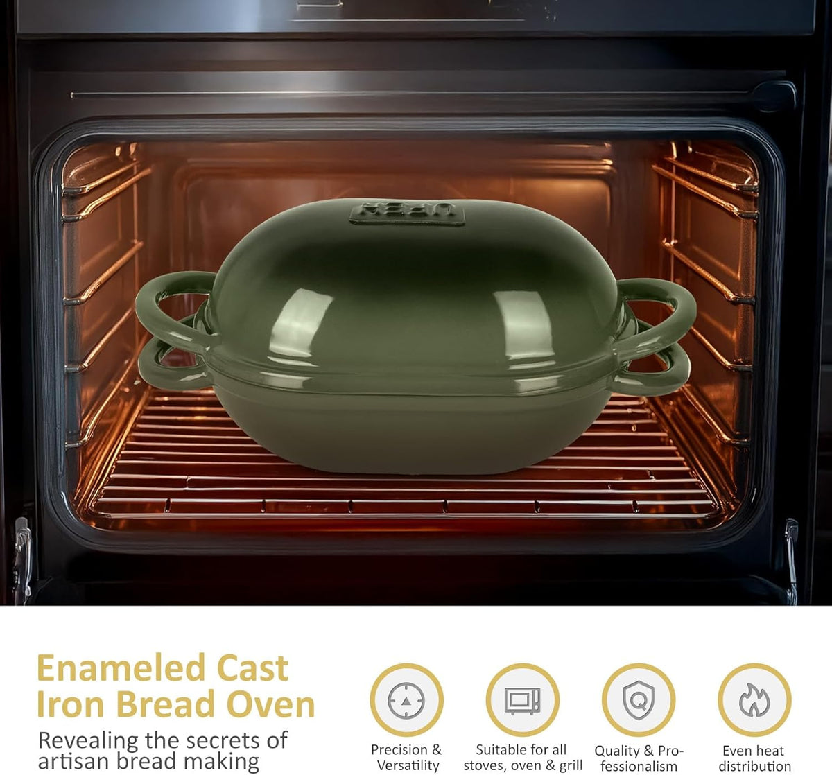 Dutch Oven for Bread Baking – Premium Cast Iron Pot with Lid – Perfect for Sourdough, Artisan Loaves & No-Knead Bread – 2 QT / 1.9L (Enameled, Round, Oven & Stovetop Safe), Green
