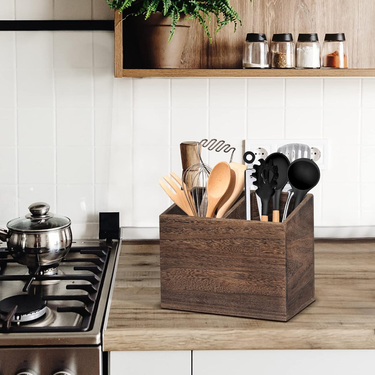 Wooden Kitchen Utensil Caddy With 2 Compartments, Rustic Utensil Holder for Kitchen Countertop, Wood Utensil Crock Organizer Box for Farmhouse Kitchen Decor (brown)