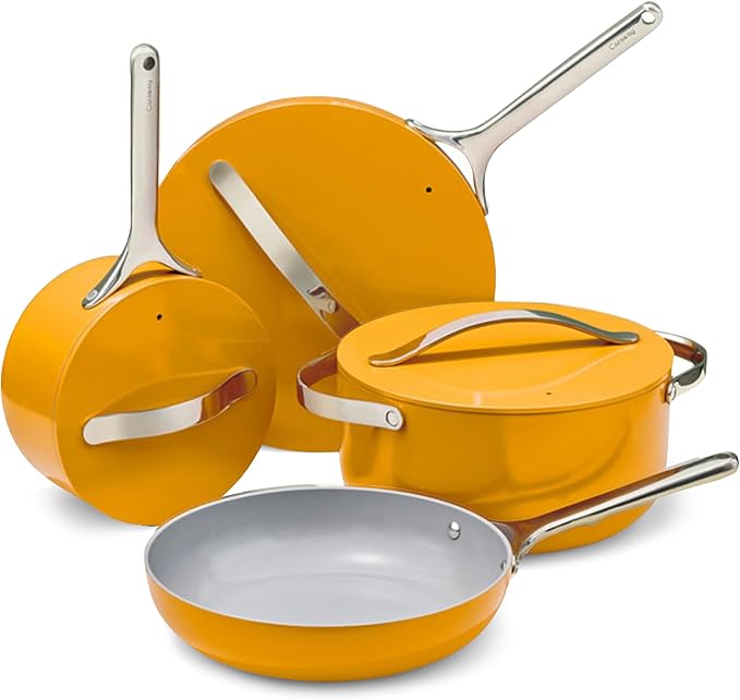 Caraway Non-stick Ceramic Cookware Set (12 Piece) Pots, Pans, Lids and Kitchen Storage - PFAS & PFOA Free - Oven Safe Pan Set & Compatible with All Stovetops - Marigold