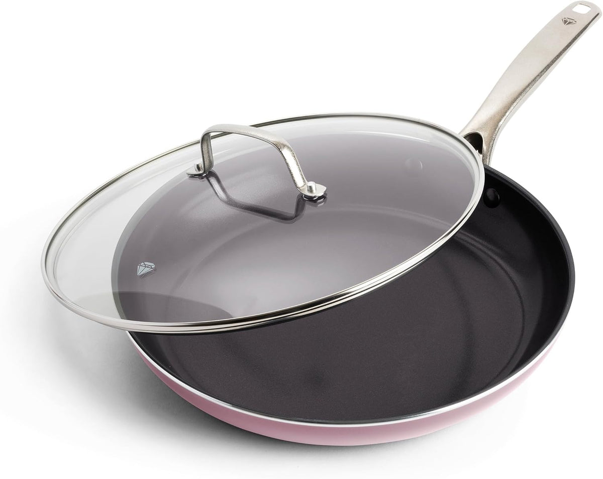 Blue Diamond 12" Nonstick Frying Pan with Lid, Diamond Infused PFAS & PTFE-Free Ceramic Skillet, Dishwasher & Oven Safe, Stay Cool Handle, Durable Non Toxic Metal Utensil Safe, Glass Lid, Pink