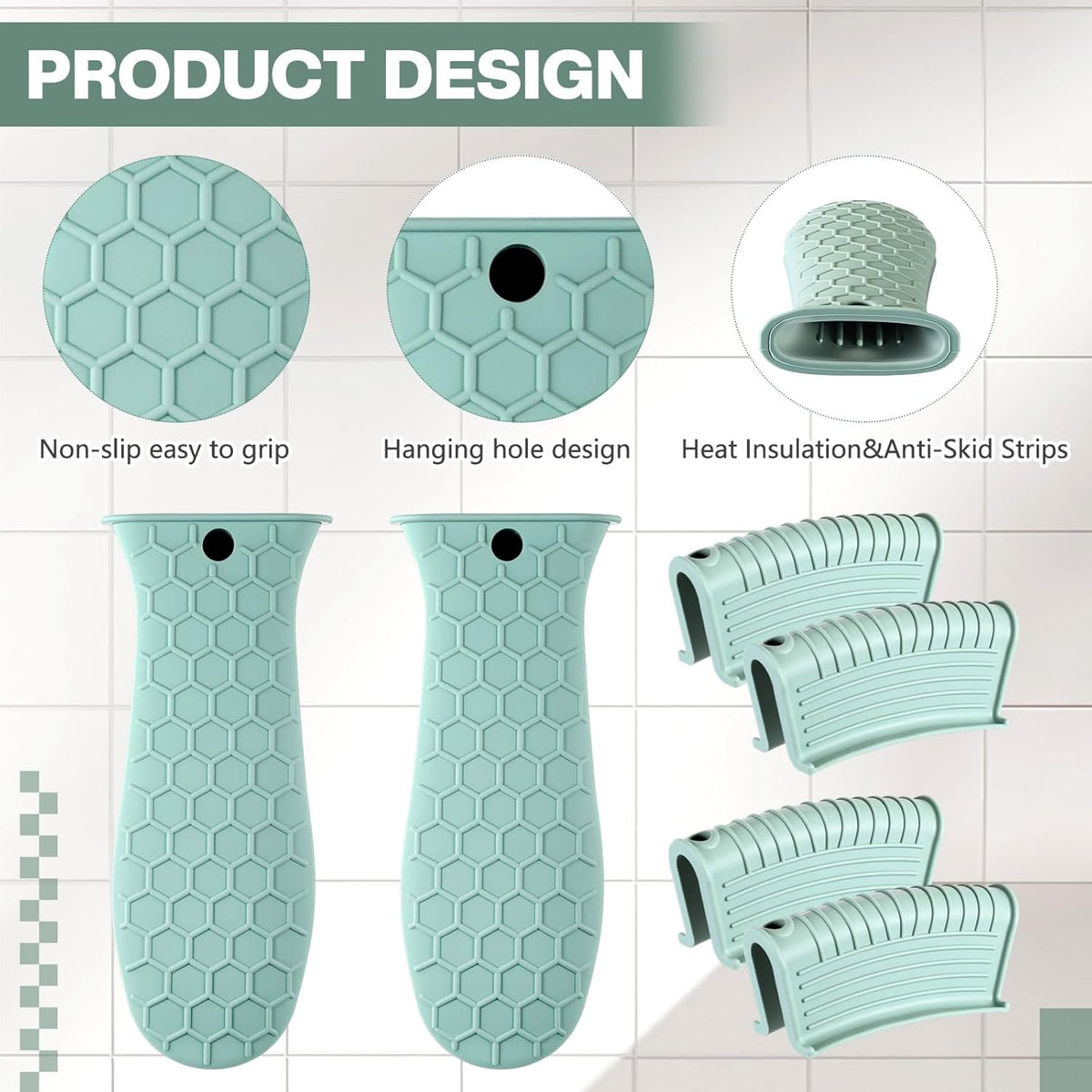 Patelai 8 Pcs Silicone Pot Holders Cast Iron Handle Cover Heat Resistant Pot Handle Covers Potholder Non Slip Reusable Pan Sleeve for Frying Pan Kitchen Supplies(Mint Green)